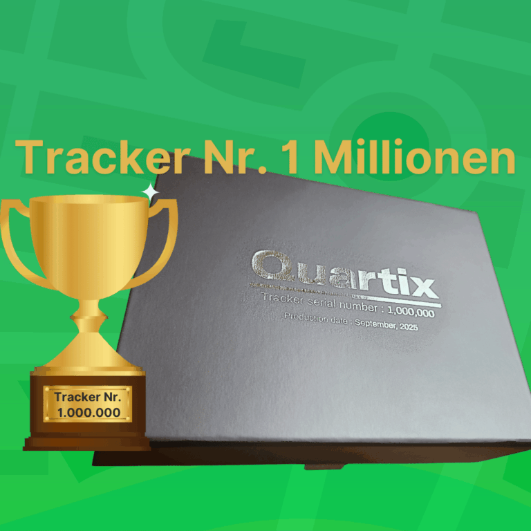 A black Quartix box labeled "Tracker serial number 1,000,000" is shown with a golden trophy graphic and the text "Tracker Nr. 1 Millionen" on a green background.