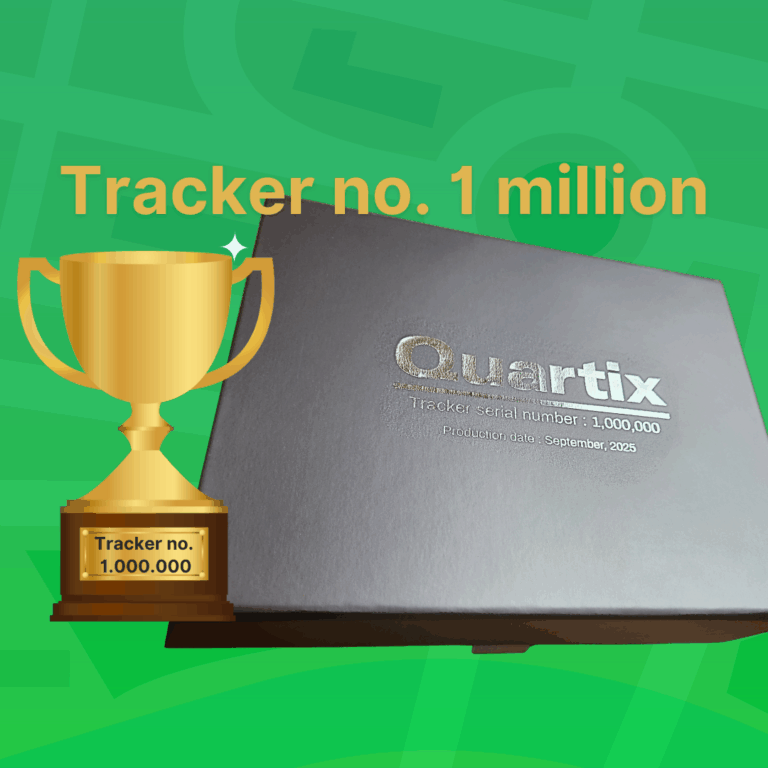 A black Quartix tracker box labeled "Tracker serial number 1,000,000" with a gold trophy icon and the text "Tracker no. 1 million" on a green background.