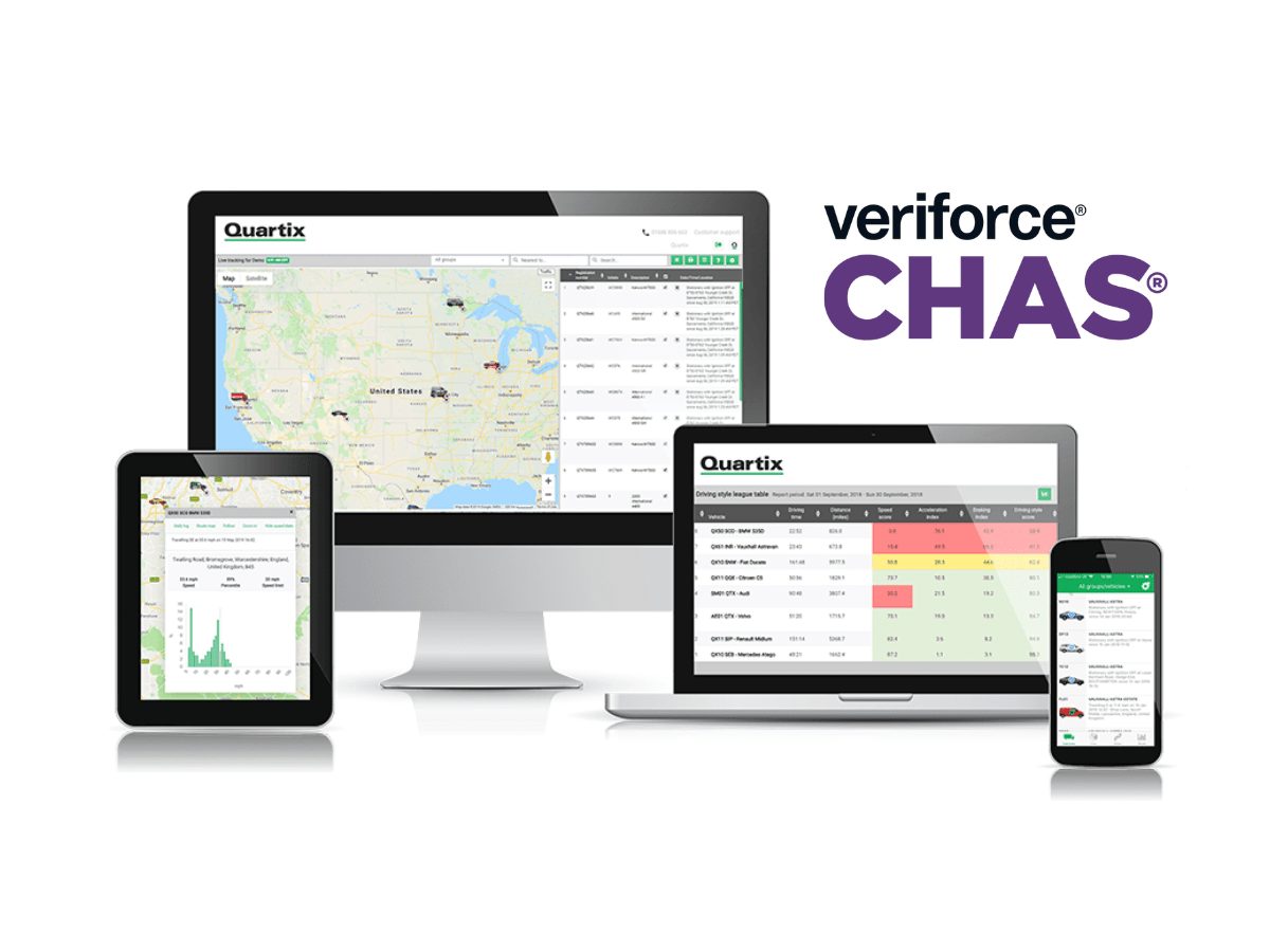 Multiple electronic devices display Quartix software with maps and data tables; Veriforce CHAS logo is shown on the right.