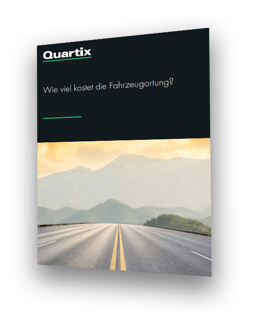 A German-language Quartix brochure cover shows an empty road with mountains in the background and the text "Wie viel kostet die Fahrzeugortung?" above the image.