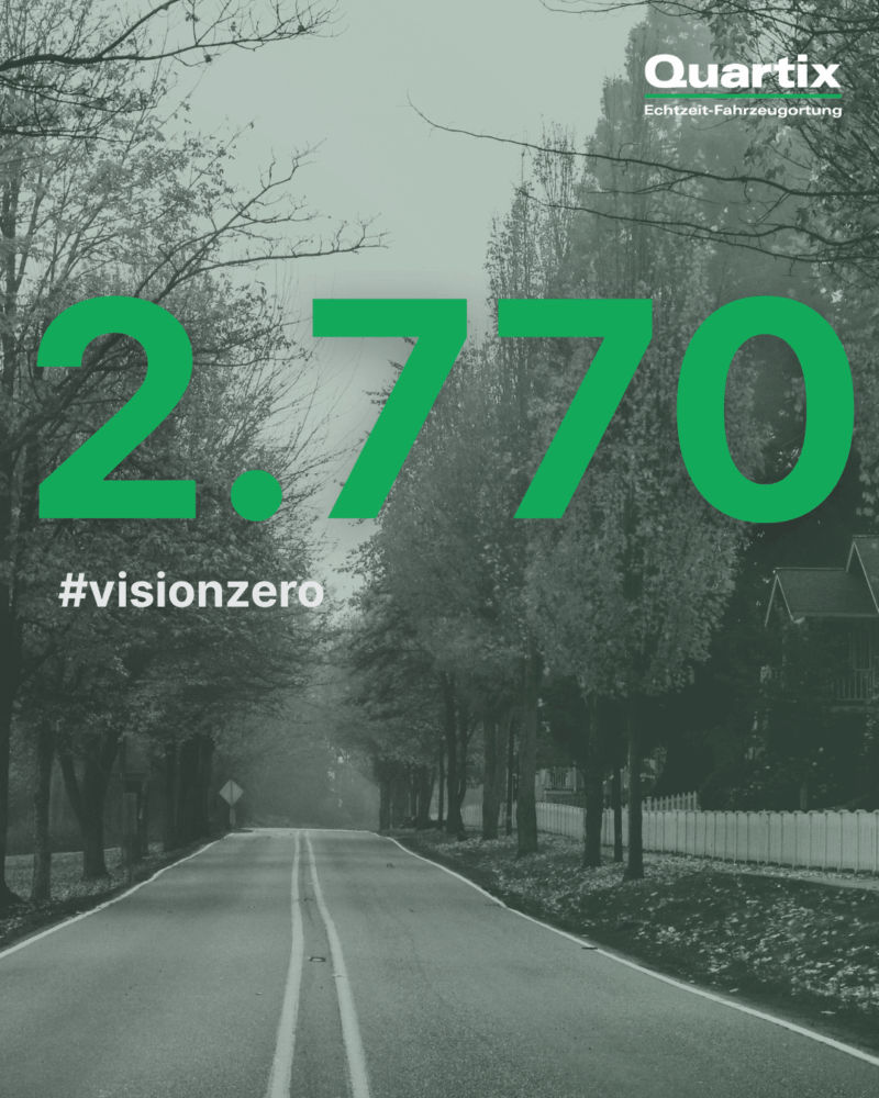 A deserted, tree-lined road with the number 2,770 in large green text, the hashtag #visionzero, and the Quartix logo in the upper right corner.