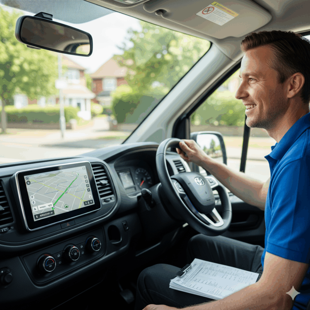 A man in a blue shirt drives a car, holding a clipboard, with a GPS navigation screen visible on the dashboard.