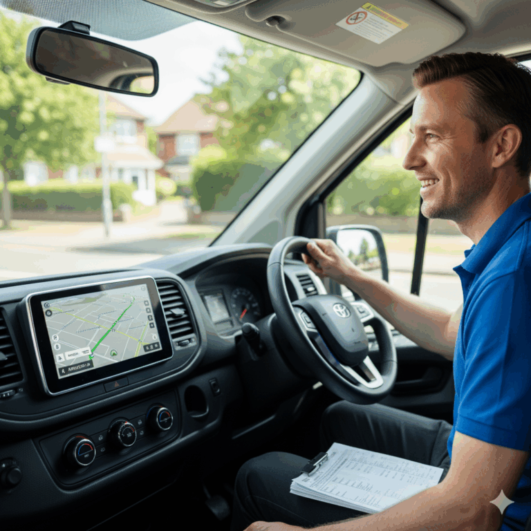 A man in a blue shirt drives a car, holding a clipboard, with a GPS navigation screen visible on the dashboard.