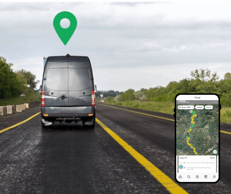 A black van drives on a paved road with a navigation pin above it; an inset shows a smartphone screen displaying a route map.