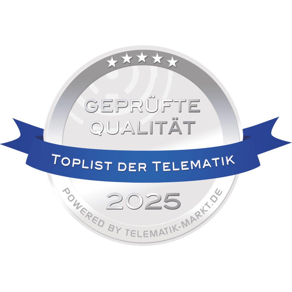 Silver badge with five stars, the text "Geprüfte Qualität," a blue ribbon labeled "Toplist der Telematik," and "2025" at the bottom.