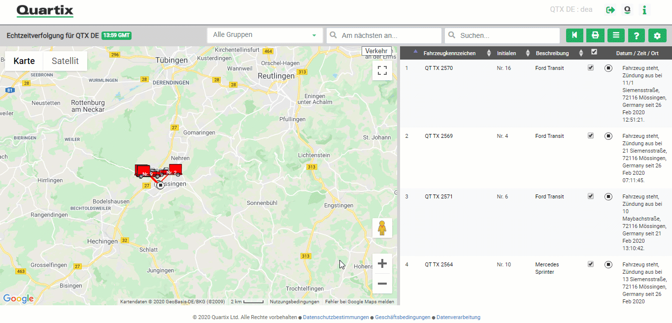 Screenshot of a Quartix vehicle tracking dashboard showing a map with vehicle locations near Tübingen, Germany, and a list of tracked vehicles on the right side.