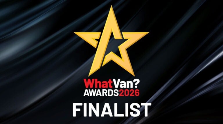 A gold star with "What Van? Awards 2026 FINALIST" text on a black, wavy background.