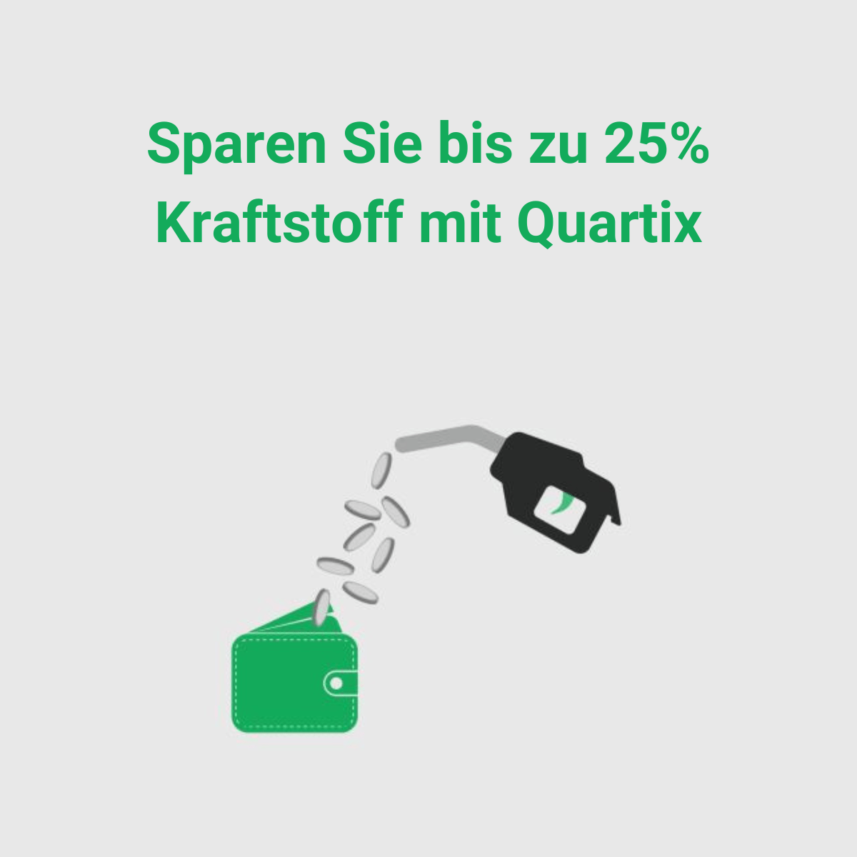 Illustration of a fuel nozzle pouring coins into a wallet, with German text above: "Sparen Sie bis zu 25% Kraftstoff mit Quartix – Fahrzeugortung für Pflegedienste.