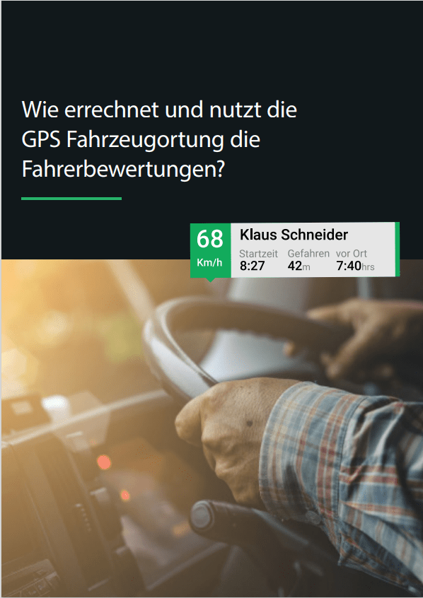 Close-up of a person’s hands on a vehicle steering wheel. Overlay text discusses using GPS tracking for driver evaluations, displaying speed, driver name, start time, hazard distance, and arrival time.