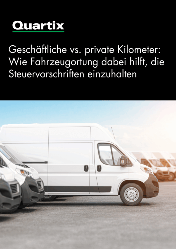 A row of white commercial vans parked in a lot, with a focus on one van in the foreground; German text about vehicle tracking and tax compliance above.