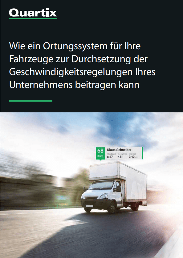 A white delivery van drives on a road; an overlay shows speed data and the driver’s name, illustrating vehicle tracking and speed monitoring technology.