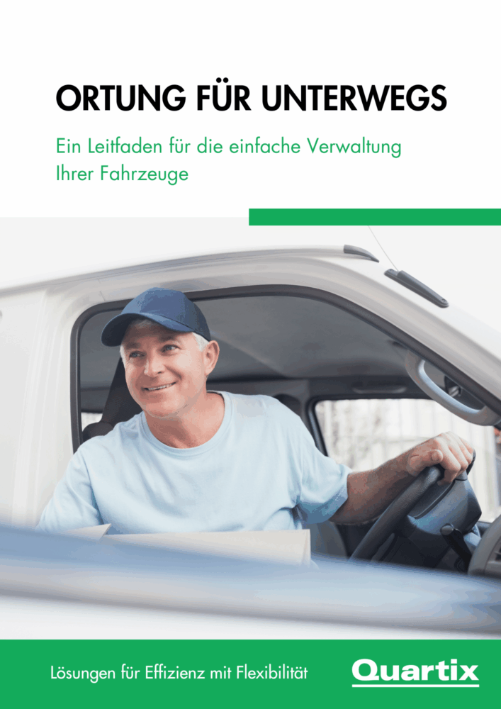 A smiling delivery driver in a blue cap sits in a white van, holding paperwork. German text above promotes a vehicle management guide by Quartix.