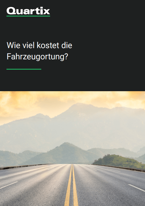 A straight road leads toward distant mountains under a cloudy sky, with the text "Wie viel kostet die Fahrzeugortung?" and the Quartix logo above.