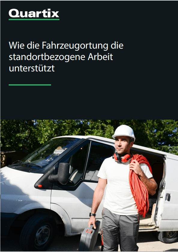 A man in work attire holds a tool case and red cables, standing by a white van with trees in the background. German text discusses vehicle tracking supporting location-based work.
