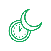 Green line drawing of a clock showing 1 o’clock, partially covered by a crescent moon on a plain white background.