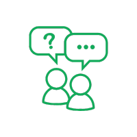 Two simple outline figures with speech bubbles above their heads; one bubble has a question mark and the other has three dots, indicating a conversation.