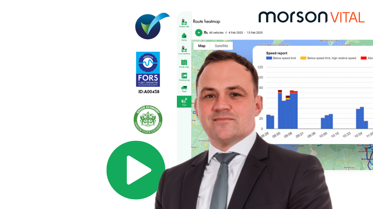 A man in a suit stands in front of transport-related logos and a digital dashboard showing a speed report graph, with the "morsonVITAL" logo at the top right-hand corner.