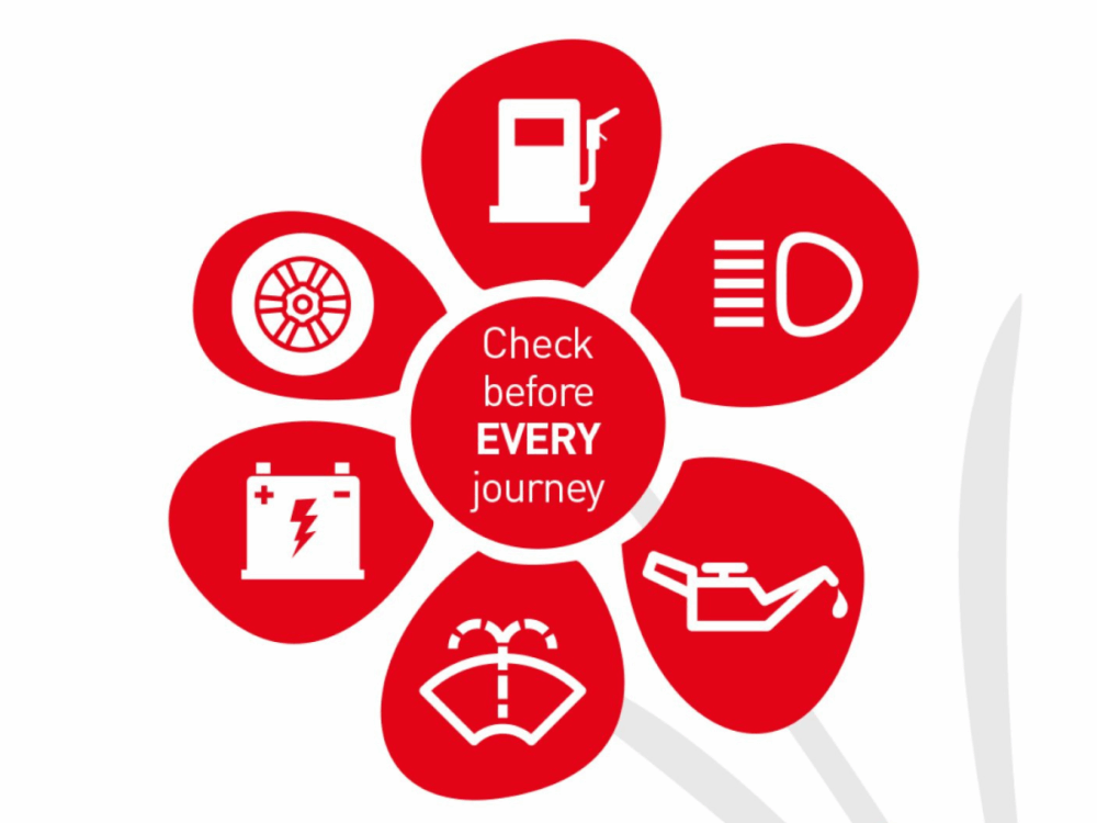 Red flower-shaped graphic with icons representing fuel, lights, oil, windscreen fluid, battery, and tyre checks; central text reads “Check before EVERY journey.”.