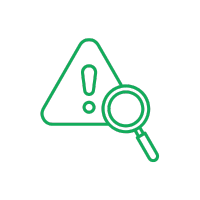 Green outline of a warning triangle with an exclamation mark inside, next to a magnifying glass, on a light background.