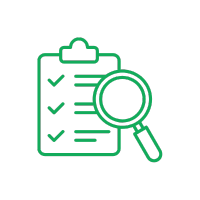 A green outline of a checklist on a clipboard with a magnifying glass hovering over it, on a light background.