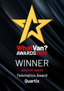 Award graphic featuring a yellow star and text: "WhatVan? Awards 2026 Winner, Industry Award, Telematics Award, Quartix awards" on a dark background.