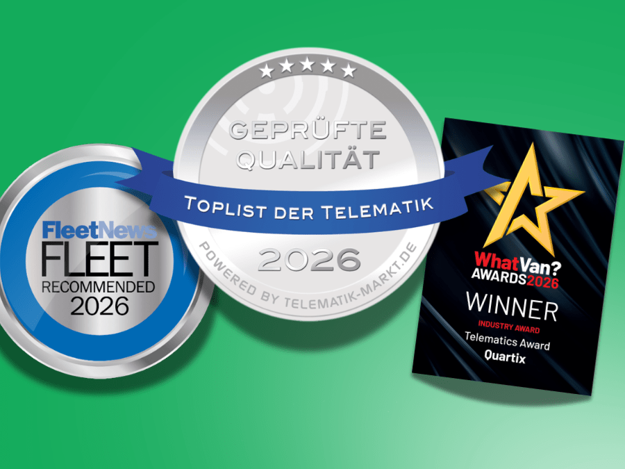 Three awards are displayed: "Fleet News Fleet Recommended 2026," "Geprüfte Qualität Toplist der Telematik 2026," and "What Van? Awards 2026 Winner Industry Award Telematics Award Quartix.