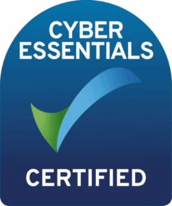 The image displays the "Cyber Essentials Certified" badge with a blue and green tick on a blue background, highlighting recognition alongside Quartix awards.