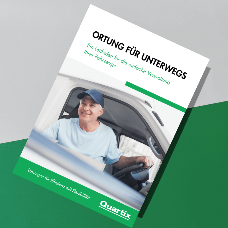 A man wearing a cap sits in the driver's seat of a vehicle on the cover of the German guide "Ortung für unterwegs" by Quartix, highlighting practical tips for location tracking on the go.