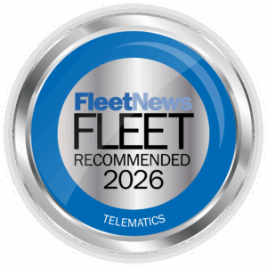 A circular blue and silver badge reads “FleetNews FLEET RECOMMENDED 2026 TELEMATICS,” celebrating top industry honours such as Quartix awards.