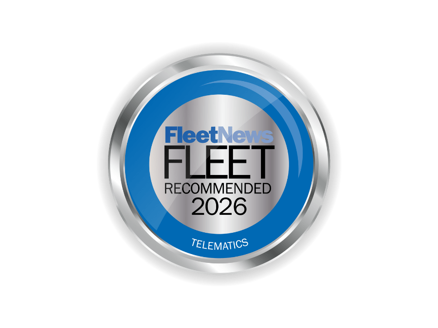 A circular blue and silver badge displays "FleetNews Fleet Recommended 2026 Telematics" in bold text.