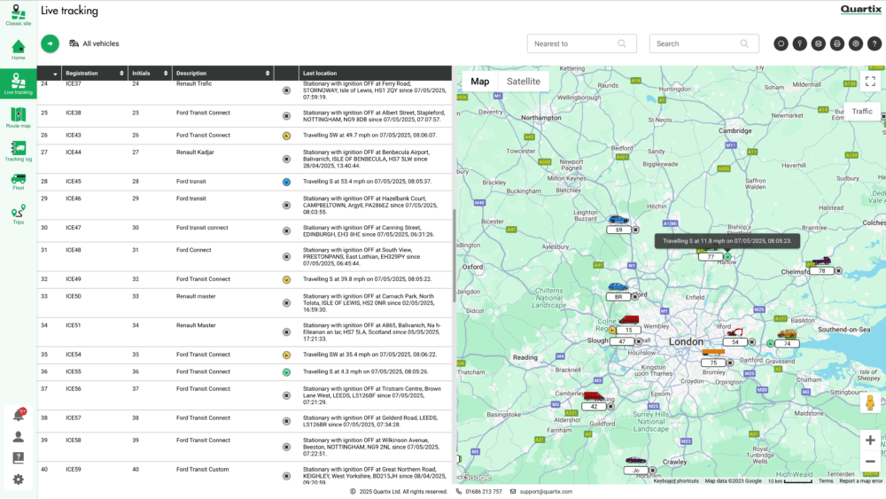 A vehicle tracking for care services dashboard showing a list of vehicles with statuses on the left and a live map with vehicle locations around London on the right.