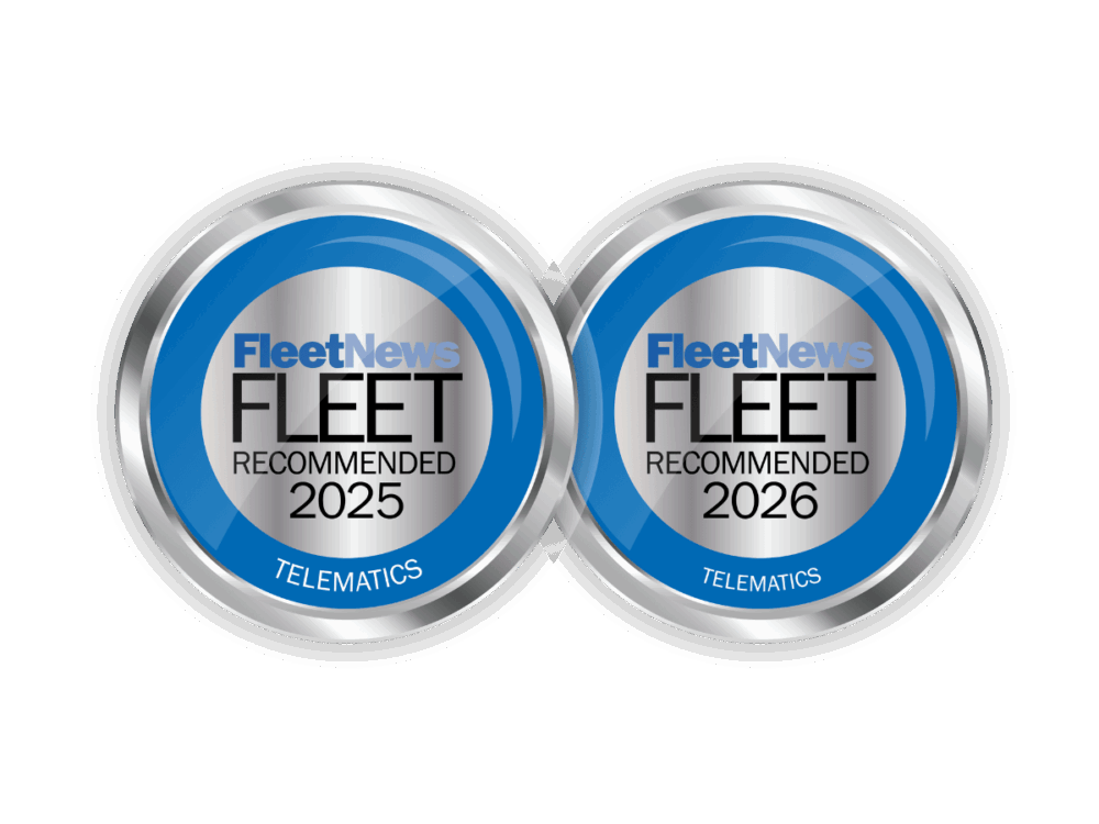 Two metallic badges labelled "Fleet News Fleet Recommended 2025 Telematics" and "Fleet News Fleet Recommended 2026 Telematics" on a white background.