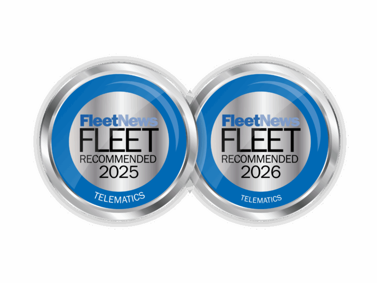Two metallic badges labelled "Fleet News Fleet Recommended 2025 Telematics" and "Fleet News Fleet Recommended 2026 Telematics" on a white background.