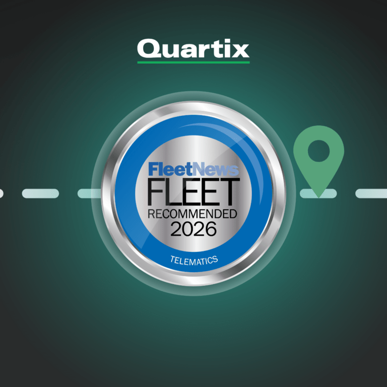 A metallic badge reads "Fleet News Fleet Recommended 2026 Telematics," with the Quartix logo above and a location pin in the background.