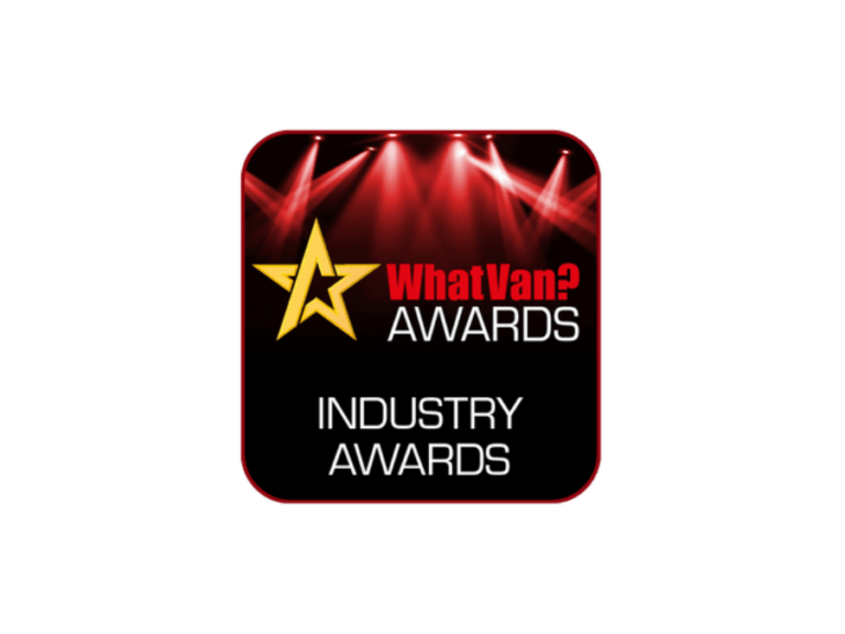 A logo for the What Van? Awards featuring a gold star, red stage lights, and the text “What Van? Awards” and “Industry Awards” on a black background.