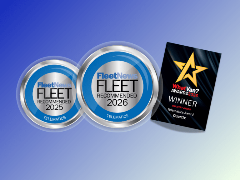 Two Fleet News 2026 Fleet Recommended Telematics badges and a What Van? Awards 2026 Winner plaque for Quartix Telematics.