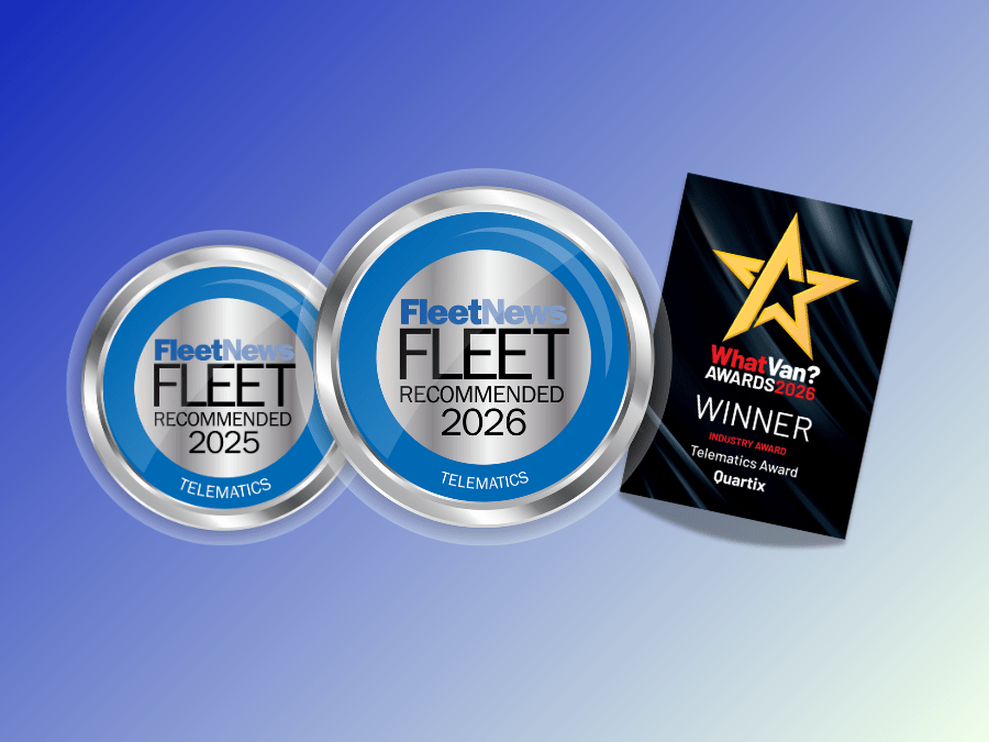 Two Fleet News 2026 Fleet Recommended Telematics badges and a What Van? Awards 2026 Winner plaque for Quartix Telematics.