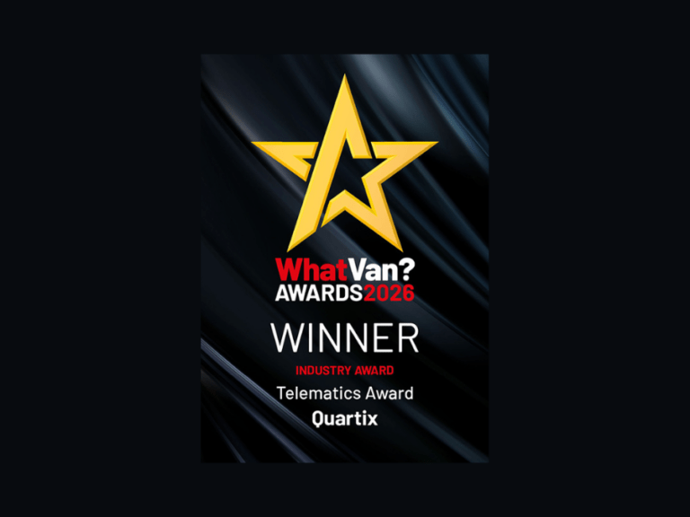 A black award graphic with a yellow star, text reads: "What Van? Awards 2026 Winner Industry Award Telematics Award Quartix.