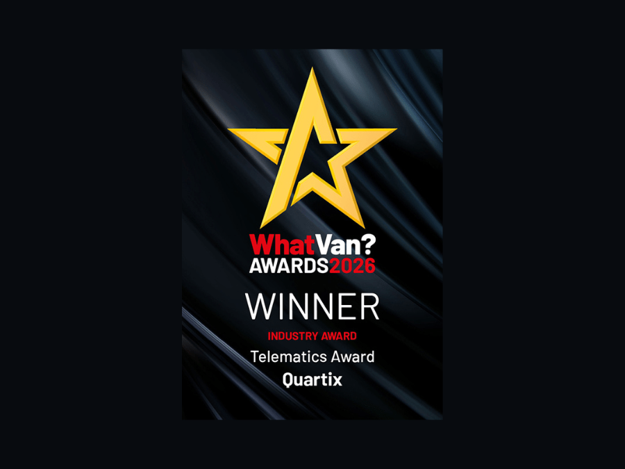 A black award graphic with a yellow star, text reads: "What Van? Awards 2026 Winner Industry Award Telematics Award Quartix.