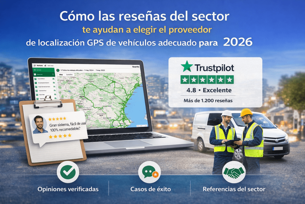 Imagen promocional sobre cómo las reseñas del sector ayudan a elegir proveedores de localización GPS para vehículos en 2026, con Trustpilot destacado y gráficos de opiniones verificadas.