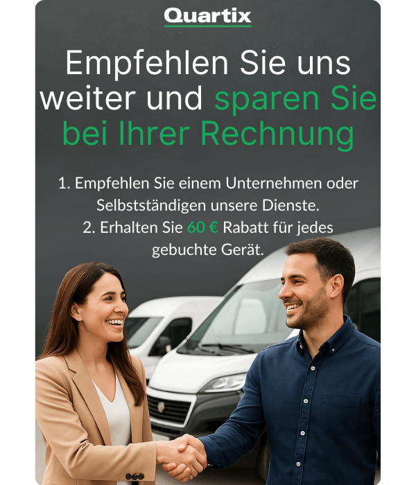 Zwei Menschen schütteln sich vor Firmenfahrzeugen die Hand. Text wirbt mit 60 € Rabatt für jede erfolgreiche Kundenempfehlung des Quartix-Dienstes.