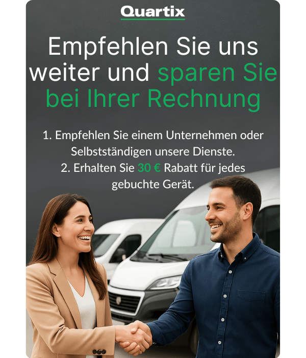 Two people shake hands in front of vehicles. Text in German promotes Quartix, offering einen €30 Rabatt für jede Kundenempfehlung—empfehlen Sie Geschäftskunden oder Selbständige und profitieren Sie noch heute!.