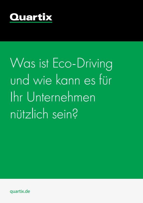 A green and black graphic with the Quartix logo and German text asking how umweltbewusstes Fahren can benefit a business.