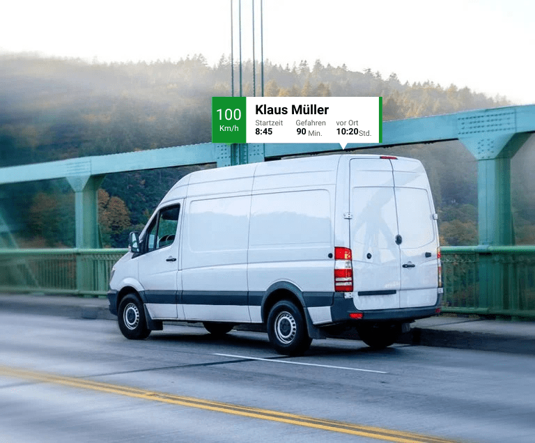 A white delivery van is parked on a bridge; a digital overlay above shows driving details for Klaus Müller, including speed, start time, duration, and estimated arrival time—alles für umweltbewusstes Fahren für Ihre Flotte.
