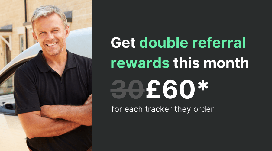 A smiling man stands in front of a vehicle; text promotes the Quartix customer referral offer—double rewards of £60 per tracker ordered this month, up from £30.