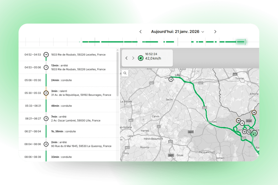 A digital interface displays a timeline, route map, and list of timed driving activities for January 21, 2026, with locations and durations in France.