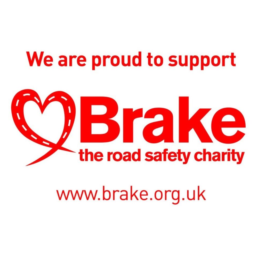 Logo for Brake, the road safety charity, featuring a heart-shaped road graphic and the text: "We are proud to support Brake, the road safety charity and Quartix awards. www.brake.org.uk".