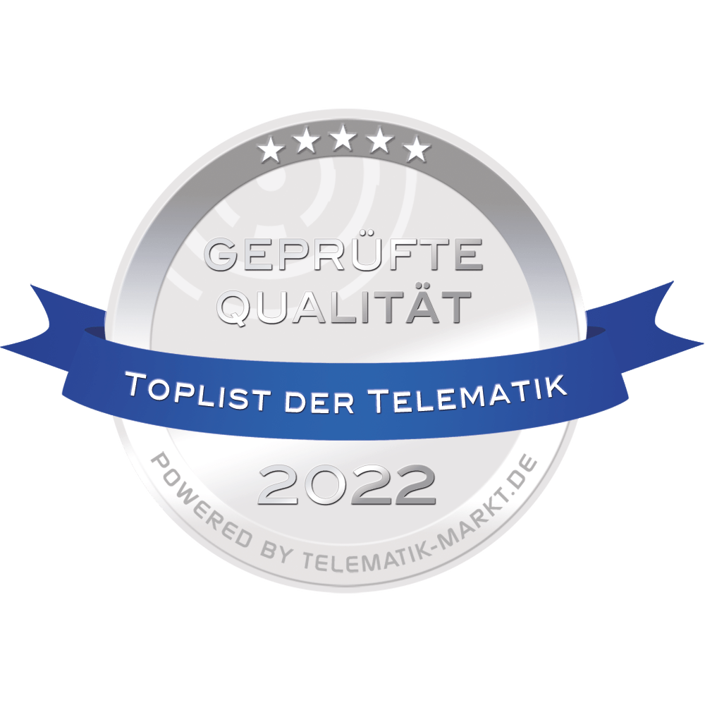 Silver badge with five stars, the text "Geprüfte Qualität," a blue ribbon reading "Toplist der Telematik," and "2022 Powered by Telematik-Markt.de" at the bottom.