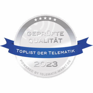 Silver badge with five stars, blue ribbon saying "Toplist der Telematik," and text "Geprüfte Qualität 2023, powered by telematik-markt.de.