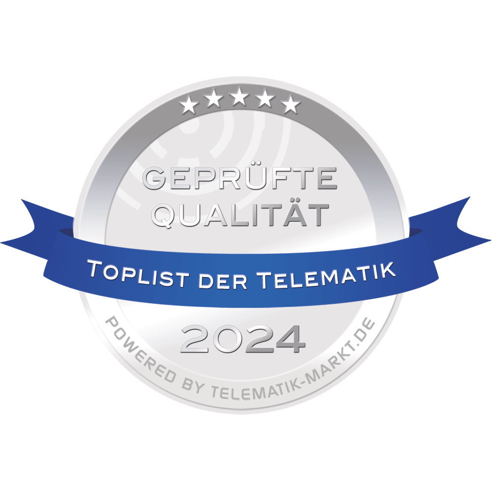 A silver and blue badge reads "Geprüfte Qualität Toplist der Telematik 2024, powered by Telematik-Markt.de" with five stars above the text.